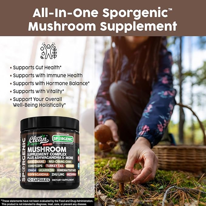 Organic Mushroom Supplement | Ashwagandha Lions Mane Cordyceps Turkey Tail Reishi Mushrooms Maca
