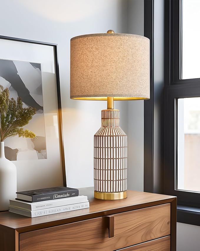 25" Table Lamps Set of 2, Modern Ceramic Bedside Lamps - Farmhouse Brown Nightstand Lamps for