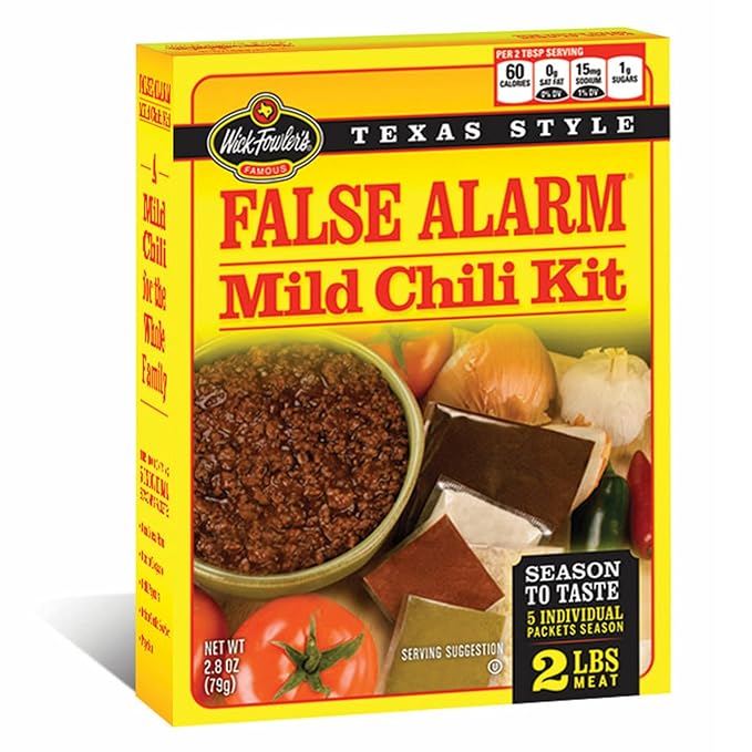 Wick Fowler's False Alarm Mild Chili Kit, Texas Style Chili Seasoning Mix with Individual Packs of