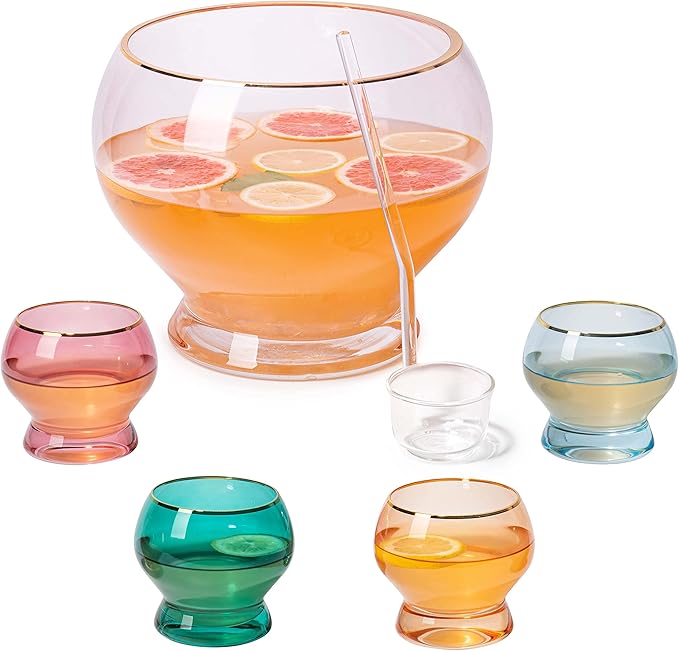 Colorful 1.7 Gallon Punch Bowl with 4 10oz Glasses Set with Ladle Gift For Mothers Day, Her, Wife