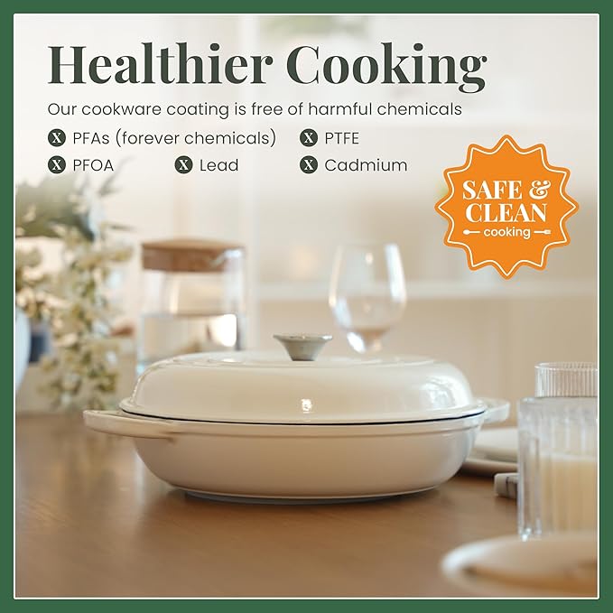 Larder & Vine Enameled Cast Iron Braiser | 3.6 qt Braiser Pan with Lid | Shallow Dutch Oven