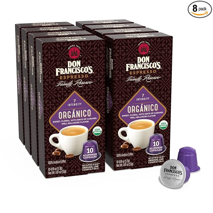 Don Francisco's Organico Espresso Pods: 80 Dark Roast Aluminum Capsules, Intensity 7, Compatible