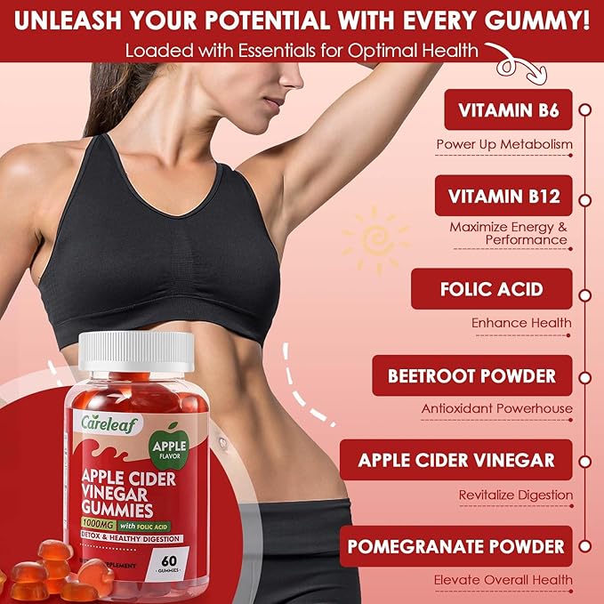 Apple Cider Vinegar Gummies 60 Counts 1000mg AVC with Vitamin B6 Vitamin B12 for Metabolism