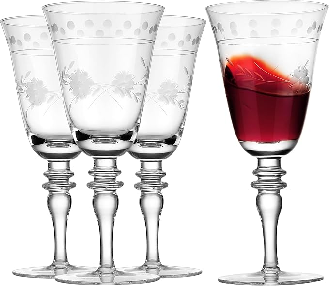 Premium Delight Wine Glasses Set of 4, 14.2 oz – Hand-Blown with Etched Long Stem, Classic