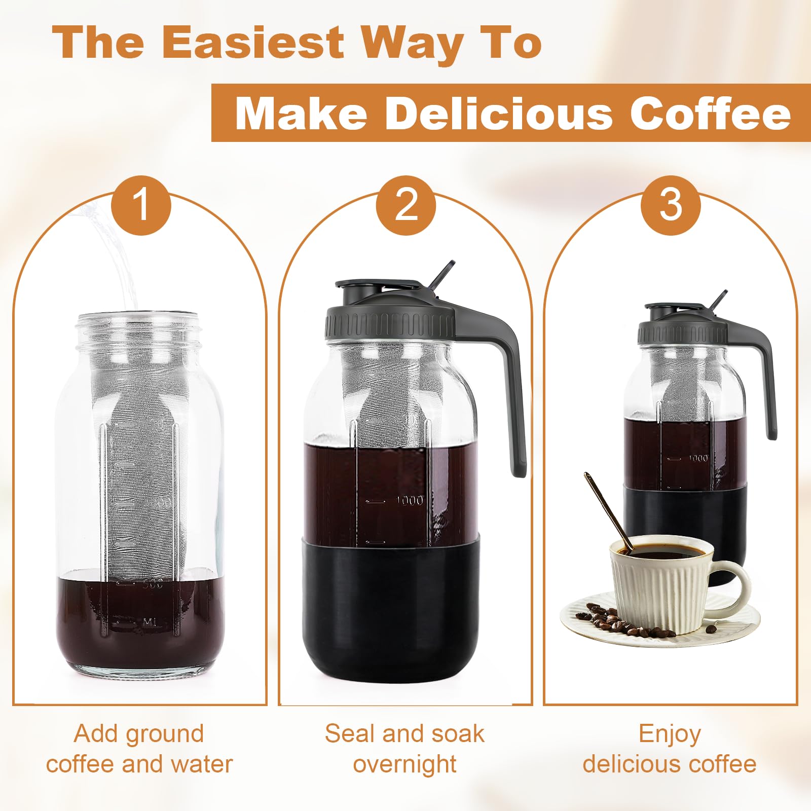 Cold Brew Coffee Maker, 64oz Mason Jar Pitcher with Stainless Steel Filter, Leak-Proof Lid with