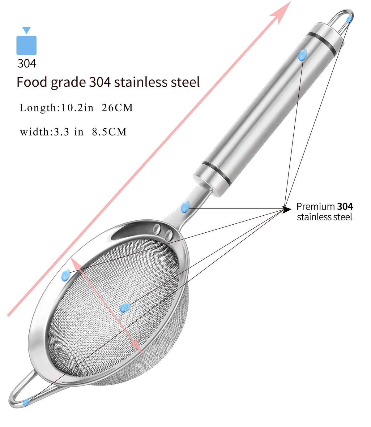 SUNWUKIN 304 Stainless Steel Fine Mesh Strainers for Kitchen, Colander-Skimmer with Handle, Sieve