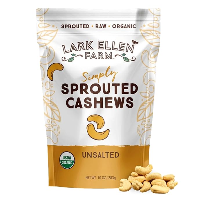 Lark Ellen Farm Unsalted Organic Raw Cashews, Sprouted, Air-Dried, Gluten-Free, Non-GMO, Vegan