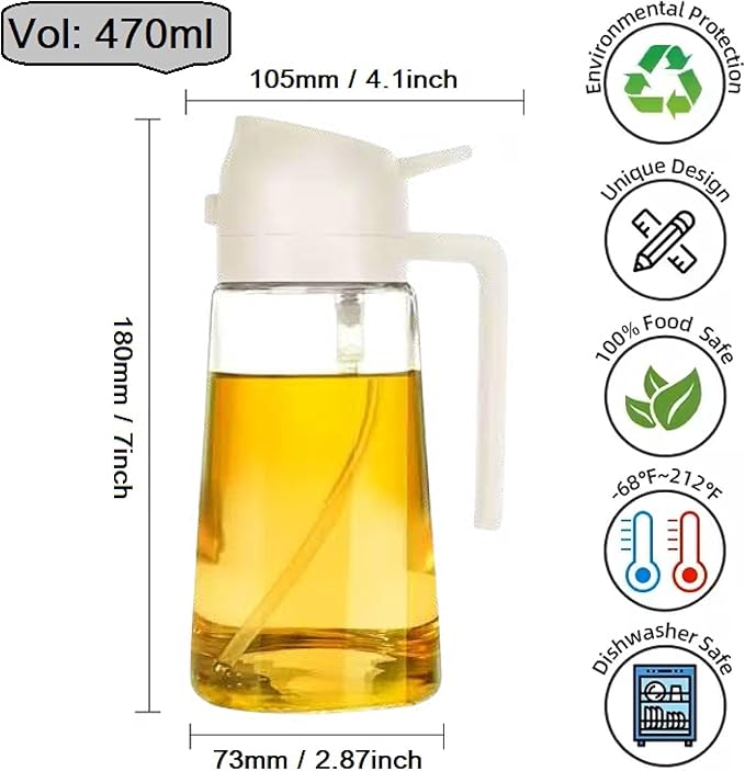 Oil Sprayer for Cooking 2 in 1, 470ml/16oz, Oil Spray & Dispenser Glass Bottle, Food-grade material