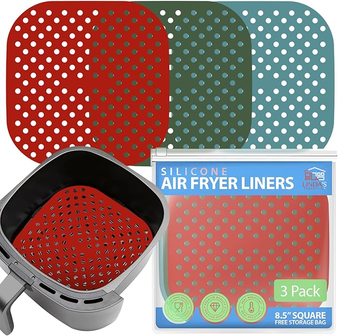 Reusable Square Silicone Air Fryer Liners (8.5 Inch, 3 Pack) by Linda’s Essentials - Non-Stick