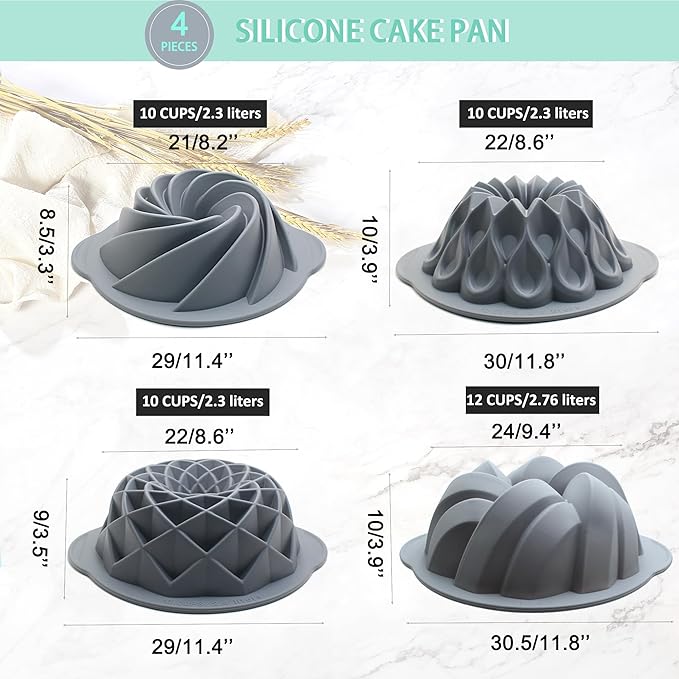 Tongjude 4 Pieces Silicone Fluted Cake Pans, 10/12 Cups Tube Baking Pan, Silicone Molds for