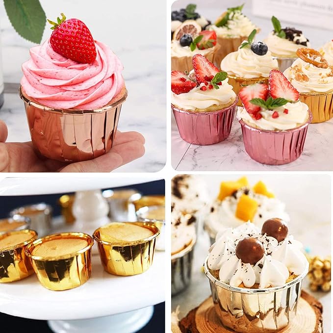 Gold Cupcake Liners with Lids 100Pack,Free-Air 3.5Oz Mini Muffin Liners Cupcake Wrappers,Foil