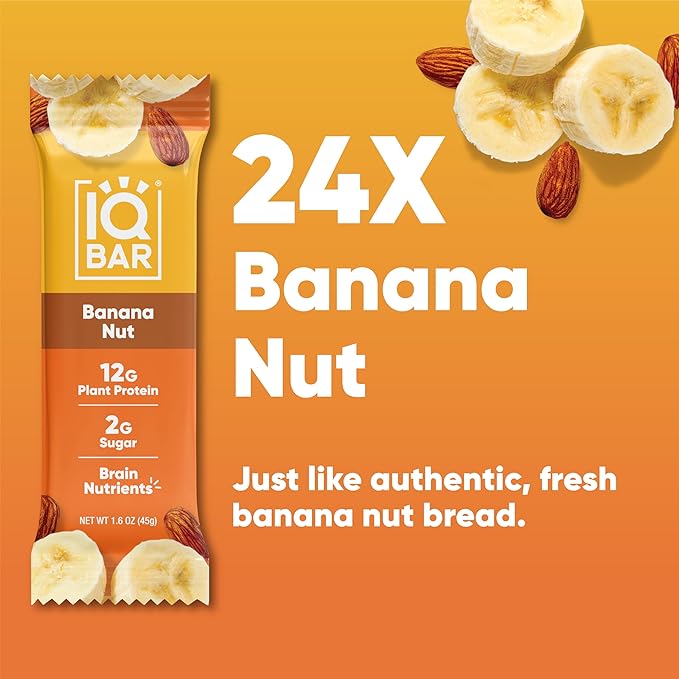 IQBAR Brain and Body Plant Protein Bars - Banana Nut - 24-Count Low Carb - Gluten Free, High Fiber