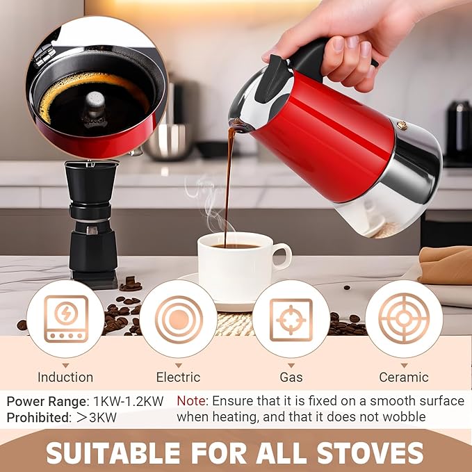 Moka Pot, 6 Cups (10.6 oz) Stovetop Espresso Maker, 304 Stainless Steel Moka Pot, Induction