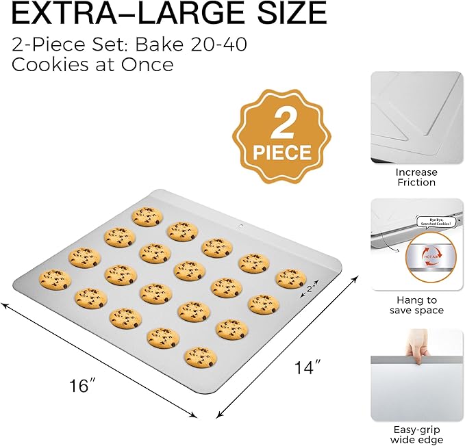 HONGBAKE 2 Pieces Large Flat Cookie Sheet No Edges, Nonstick Insulated Baking Pan, Commercial Oven