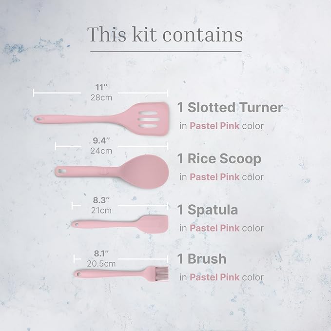 Silicone Utensils 4-Piece Set ??Rubber Spatula, Pastry Brush, Slotted Turner, and Rice Paddle
