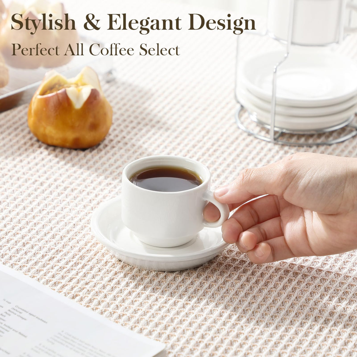 MALACASA 2.5 OZ Porcelain Espresso Cups with Saucers and Metal Stand Set of 4, Stackable Cappuccino