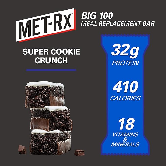 MET-Rx Big 100 Protein Bar, Meal Replacement Bar, 32G Protein, Super Cookie Crunch, 9 Bars (Pack of