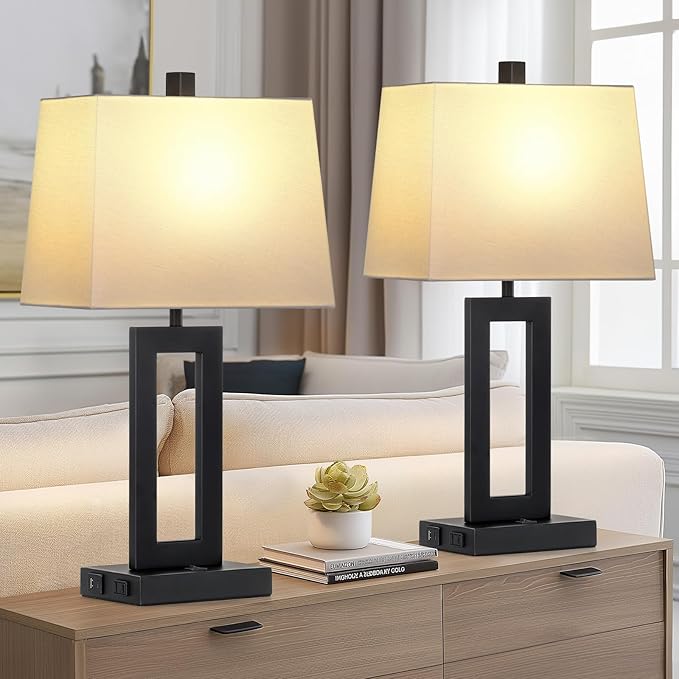 Table Lamp Set of 2 with USB C+A Ports & AC Outlet, Bedside Lamps, Modern Bedroom Lamps, Black