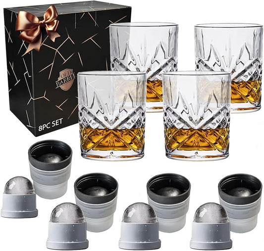 OLD BARREL Whiskey Glasses Set of 8 (4 Glasses with 4 Ice Ball Molds) 10oz Old Fashioned Crystal