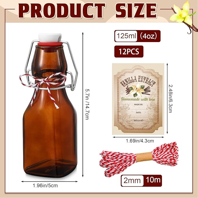 Uiifan 12 Pcs 4 oz Amber Swing Top brown Square Glass Bottles for Vanilla Extract with Caps and