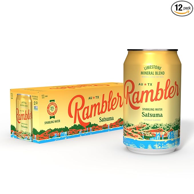 AUTX RAMBLER Sparkling Water, Texas Limestone Mineral Blend, Satsuma Flavor, 12-Ounce Cans, 12-Pack