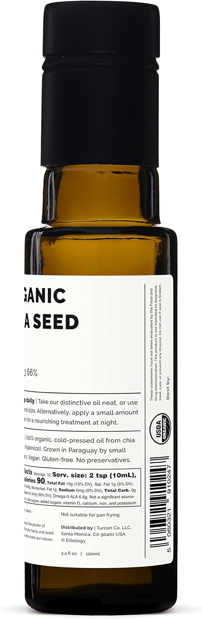 Erbology Organic Chia Seed Oil 3.4 fl oz - Cold-Pressed - Rich in Omega-3 (66%) and Vitamin E (330%