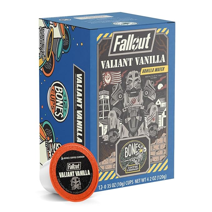 Bones Coffee Company Fallout Valiant Vanilla, Vanilla Wafer Flavored Coffee Pods, Low Acid Medium