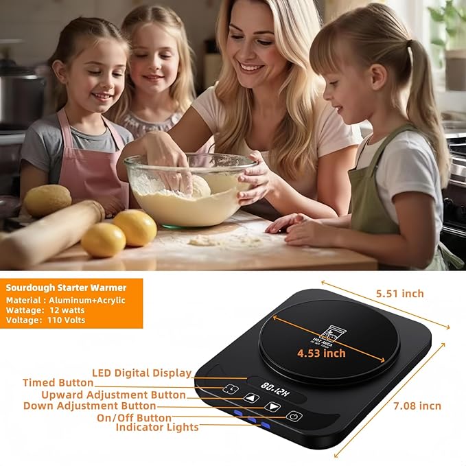 Sourdough Starter Warmer Mat - 12H Timer & Precise 1°F Thermostat (70-100°F) - Auto On/Off - Fits