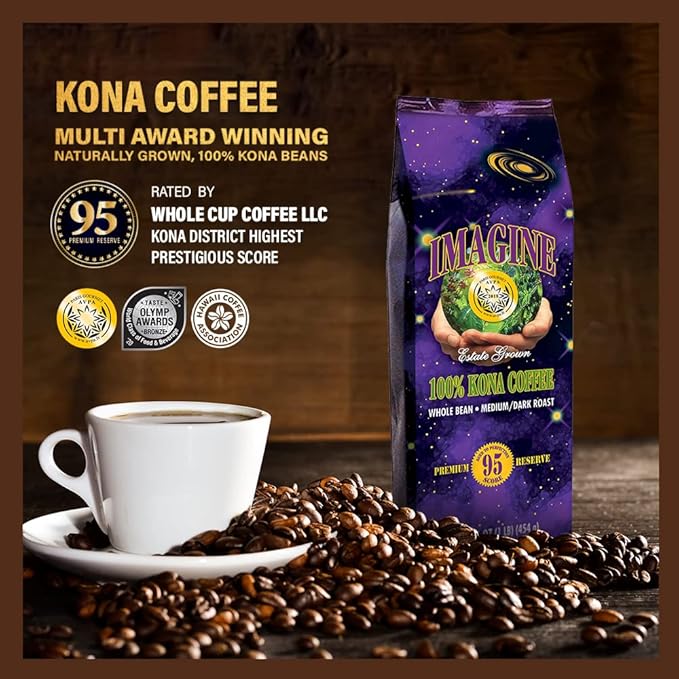 Imagine Kona Organic Coffee Beans | Arabica Kona Beans | Top Grade Air Roasted | Medium Dark Roast