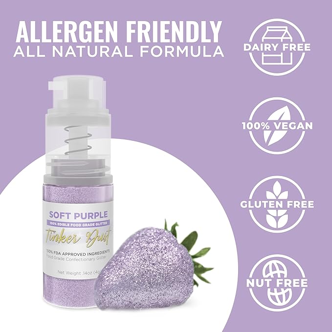 Bakell - Soft Purple Tinker Dust (4g, 1x Mini Spray Pump) Edible Glitter for Food, Desserts, and