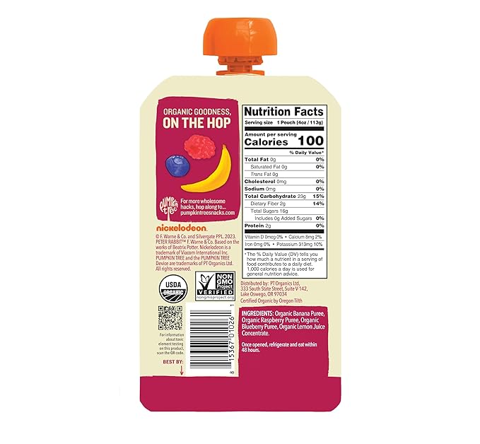 Pumpkin Tree Peter Rabbit Organics, Organic Raspberry, Banana and Blueberry 100% Pure Fruit Snack
