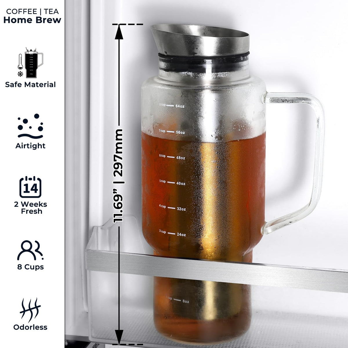 Aquach 68oz Cold Brew Coffee Maker, Borosilicate Glass Pitcher for Iced Tea