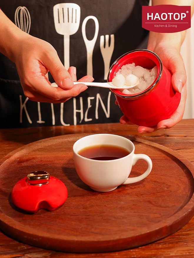 HAOTOP 12oz Sugar Bowl with Lid and Spoon,Simple Ceramic Sugar Jar Sugar Container Sugar Dispenser