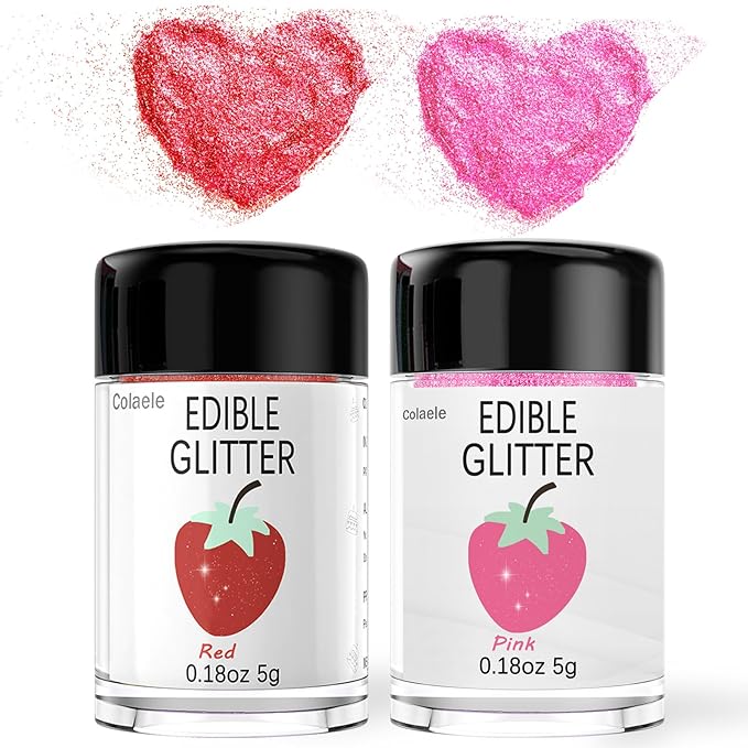 Red Pink Edible Glitter Glimmer Powder for Cakes Drinks - Valentine's Colaele 5 grams Food Grade