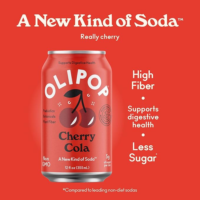 OLIPOP Prebiotic Soda Pop, Cherry Cola, Pantry Pack Packed with Prebiotics, Fiber, and Botanicals