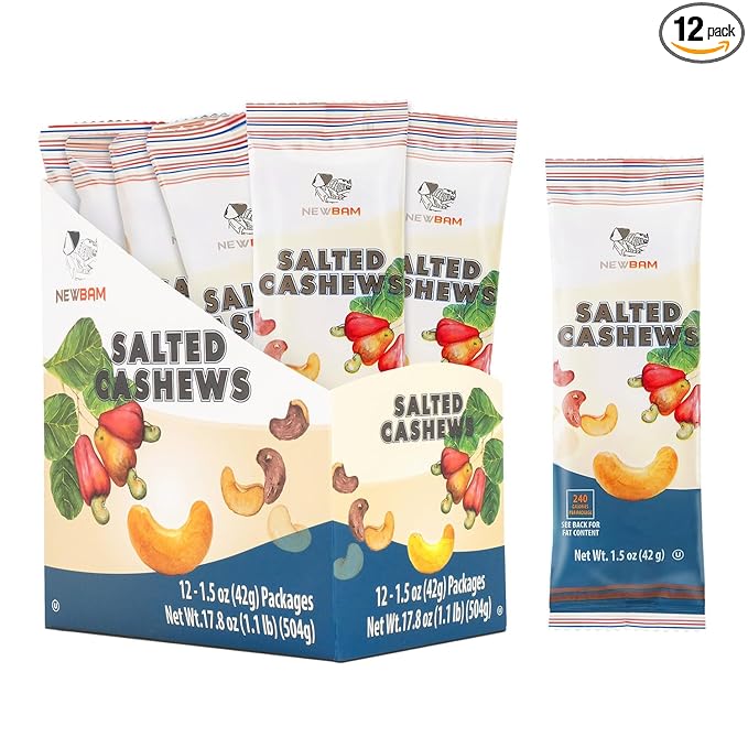 NEWBAM Lightly Salted Cashews Individual Packs - 12 Cashew Snack Packs Roasted Nuts (1.5oz Each)