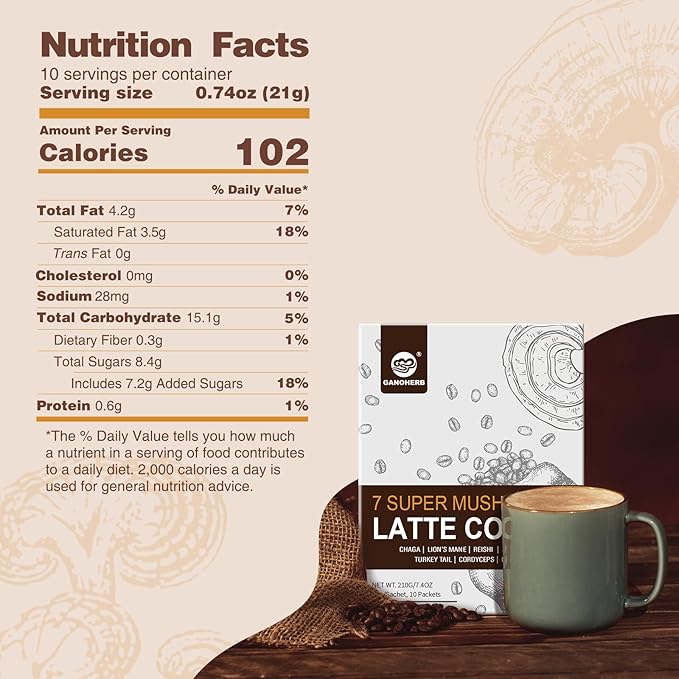 GANOHERB 7 in 1 Mushroom Coffee Mix, Instant Latte Coffee Blend Nootropic Cafe Complex with Reishi