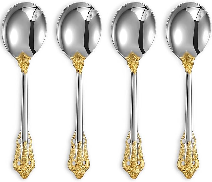 KEAWELL Gorgeous Round Soup Spoon, Set of 4, 18/10 Stainless Steel, Luxury Bouillon Spoon