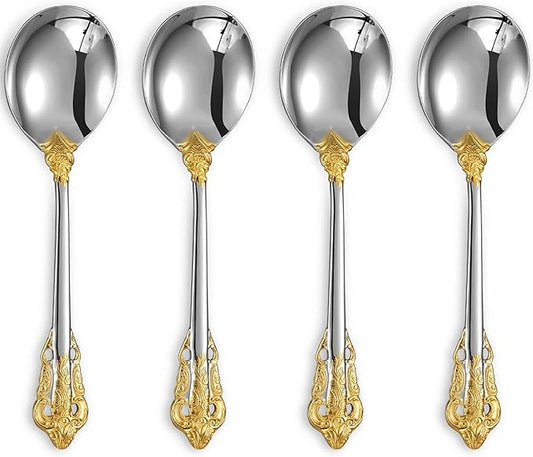 KEAWELL Gorgeous Round Soup Spoon, Set of 4, 18/10 Stainless Steel, Luxury Bouillon Spoon