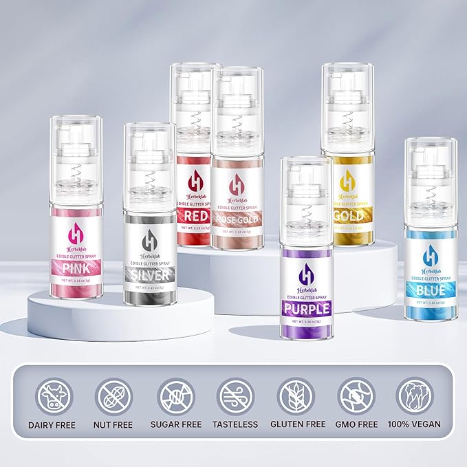 Edible Glitter Spray - 8 Colors Herbeklab Cake Glitter Spray Food Grade Metallic Shimmer Powder