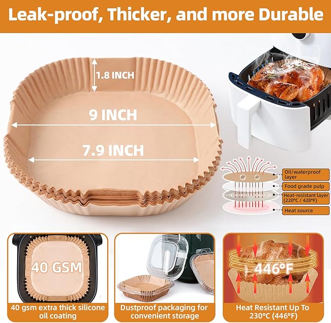Air Fryer Paper Liners for 6-8 Qt Airfryer, 200pcs 7.9 x 7.9 inch XL Square Disposable Parchment