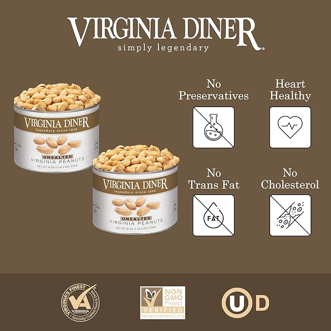 Virginia Diner Unsalted Gourmet Peanuts Blister Roasted XL Virginia Nuts All Natural VA Peanuts