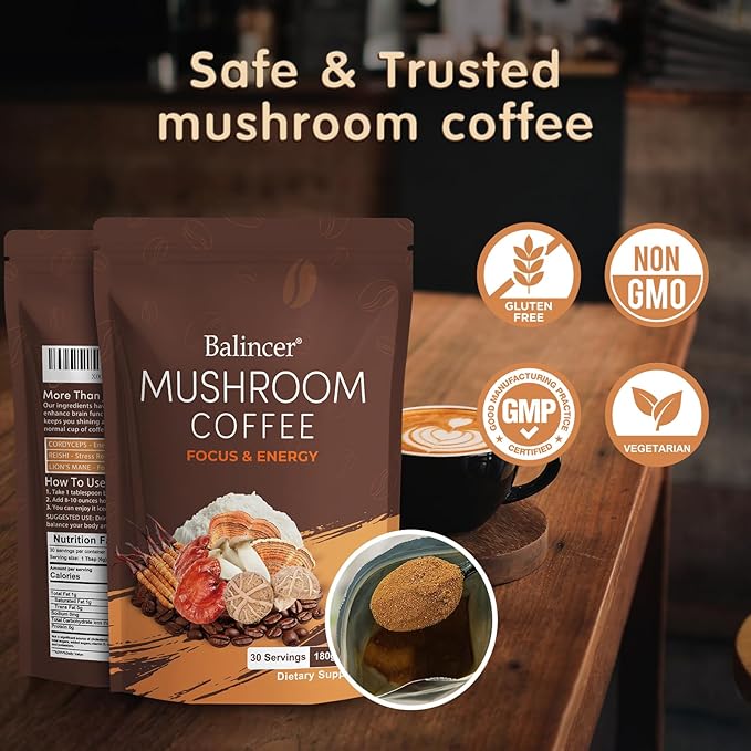 Mushroom Coffee, 6 Adaptogenic Mushrooms with Lion's Mane, Cordyceps, Turkey Tail & More, Instant