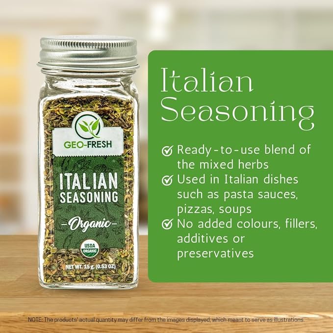 Geo-Fresh Organic Italian Seasoning, 0.53 oz (15g), Non-GMO, Kosher, 100% Organic Herbs, Basil