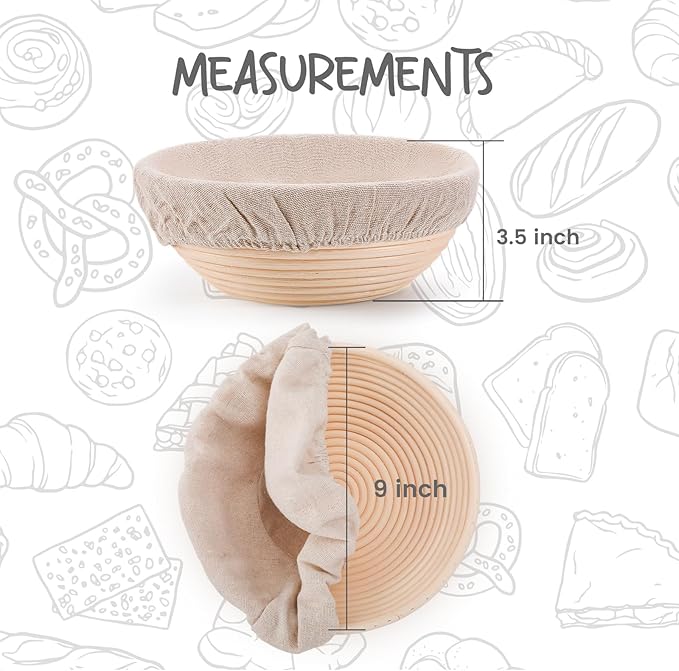 Round Bread Dough Proofing Rising Rattan Baskets(Set of 2, 9 inch) w/Liners for Home Sourdough