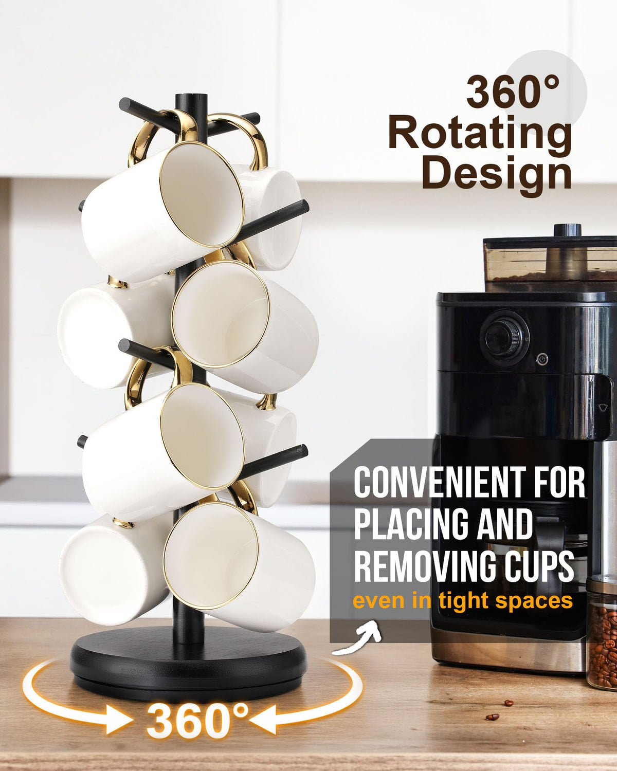 Lorbro Coffee Mug Tree, 360° Rotating Wooden Mug Holder with 8 Hooks