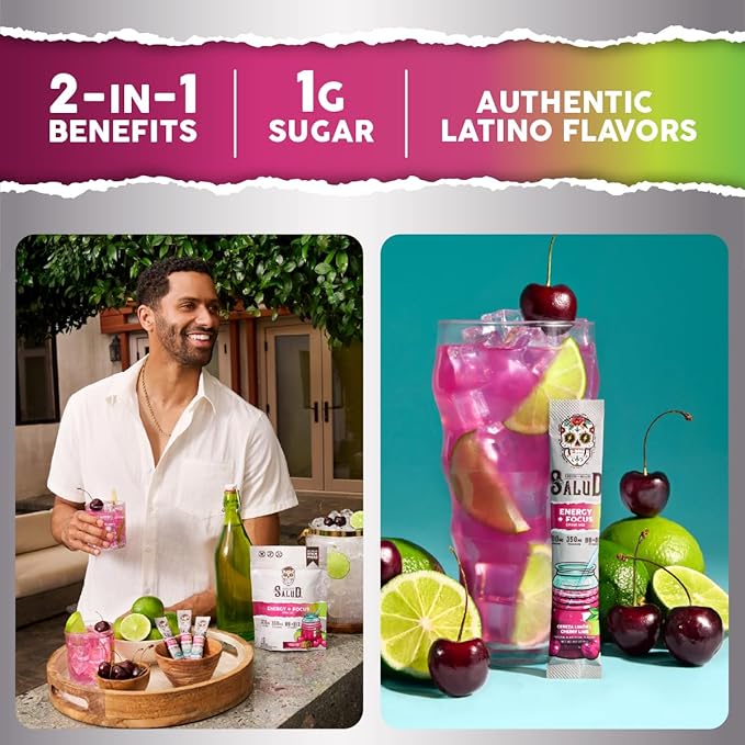 Salud 2-in-1 Energy Drink Powder + Focus, Cherry Lime, Organic Caffeine, B6 + B12, Theanine, Clean