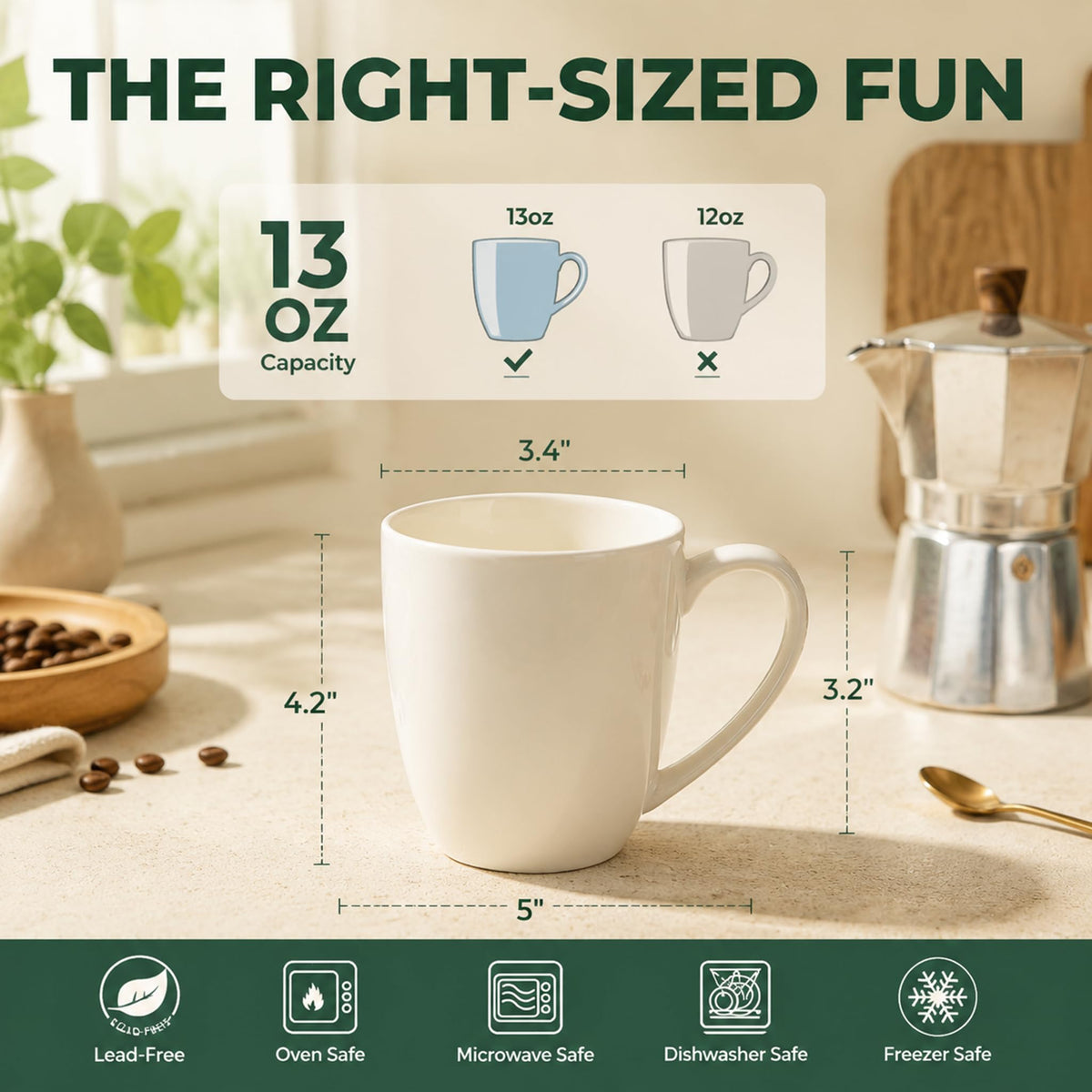 Kurguso White Porcelain Coffee Mugs Set of 6, 13 Ounce Coffee Cups with Handle, Ceramic Tea Mugs