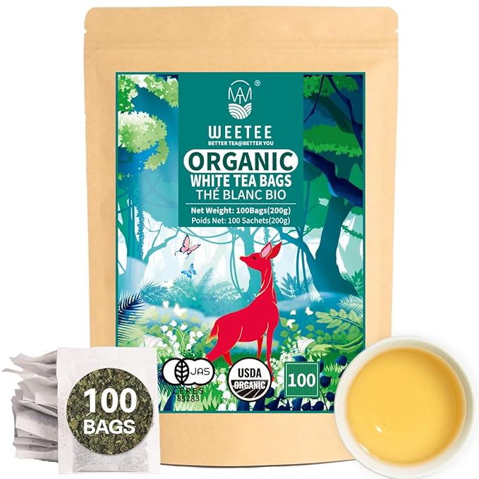 WT WEETEE Organic White Tea Bags, Organic Pure White Tea 100 Count, Mellow & Smooth, Perfect for