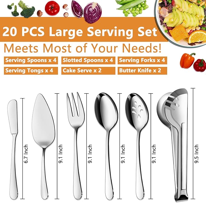 BEWOS Serving Utensils, 20-Piece Large Serving set, Serving Spoons, Slotted Spoons, Serving Tongs &
